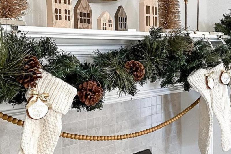 Gold bead garland on a fireplace mantle