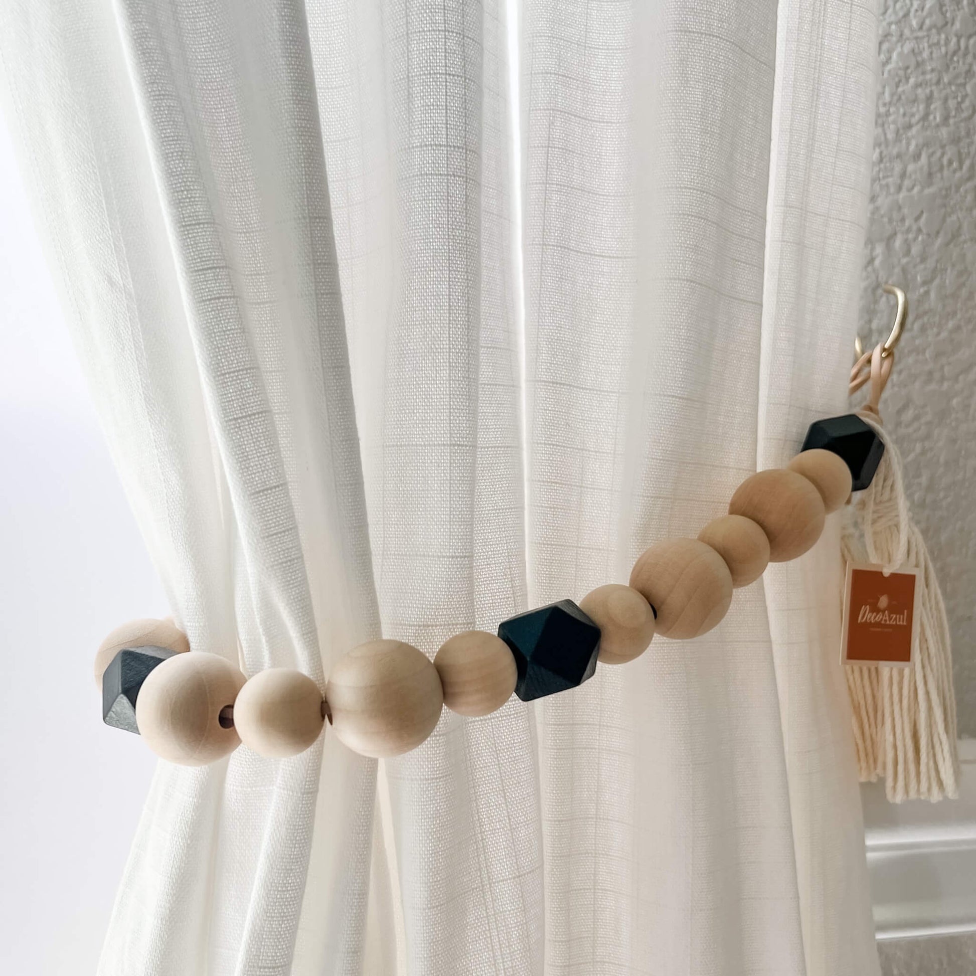 Boho curtain tiebacks, Wood bead curtain tie backs - Deco Azul