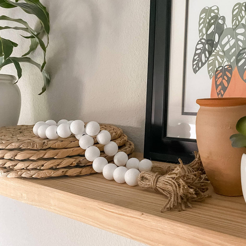 White Large Wood Bead Garland with Tassels - Deco Azul