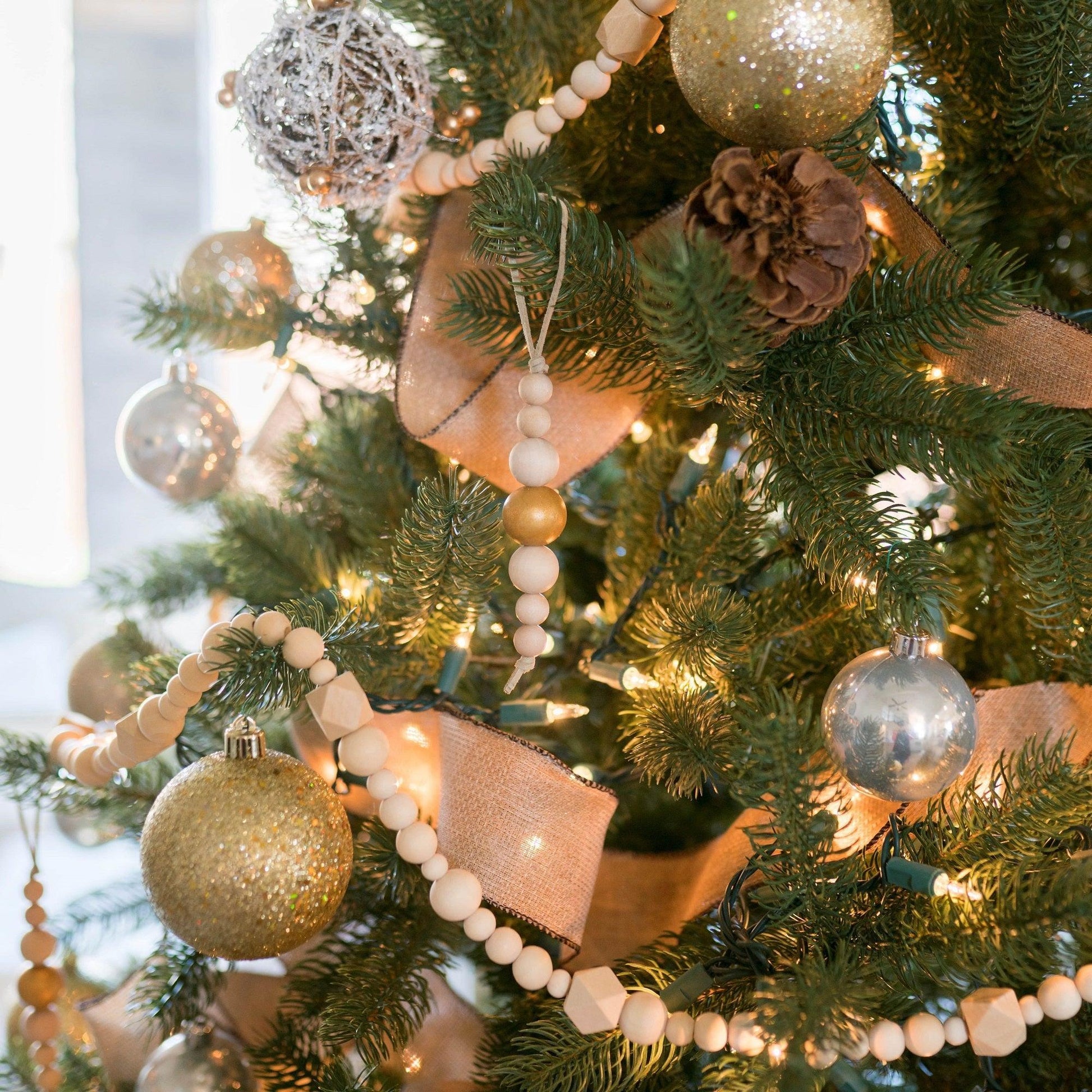 Christmas Tree Ornaments, Wood Bead Garland, Boho Home Decor 